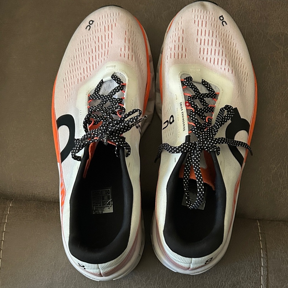 Men’s Size 11.5 On Running White, Black, and Orange Sneakers